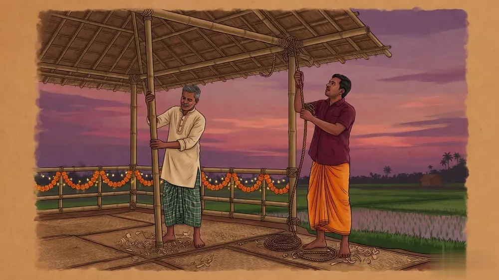 বাঁশ বাঁধছেন দুই কারিগর — অলংকরণ